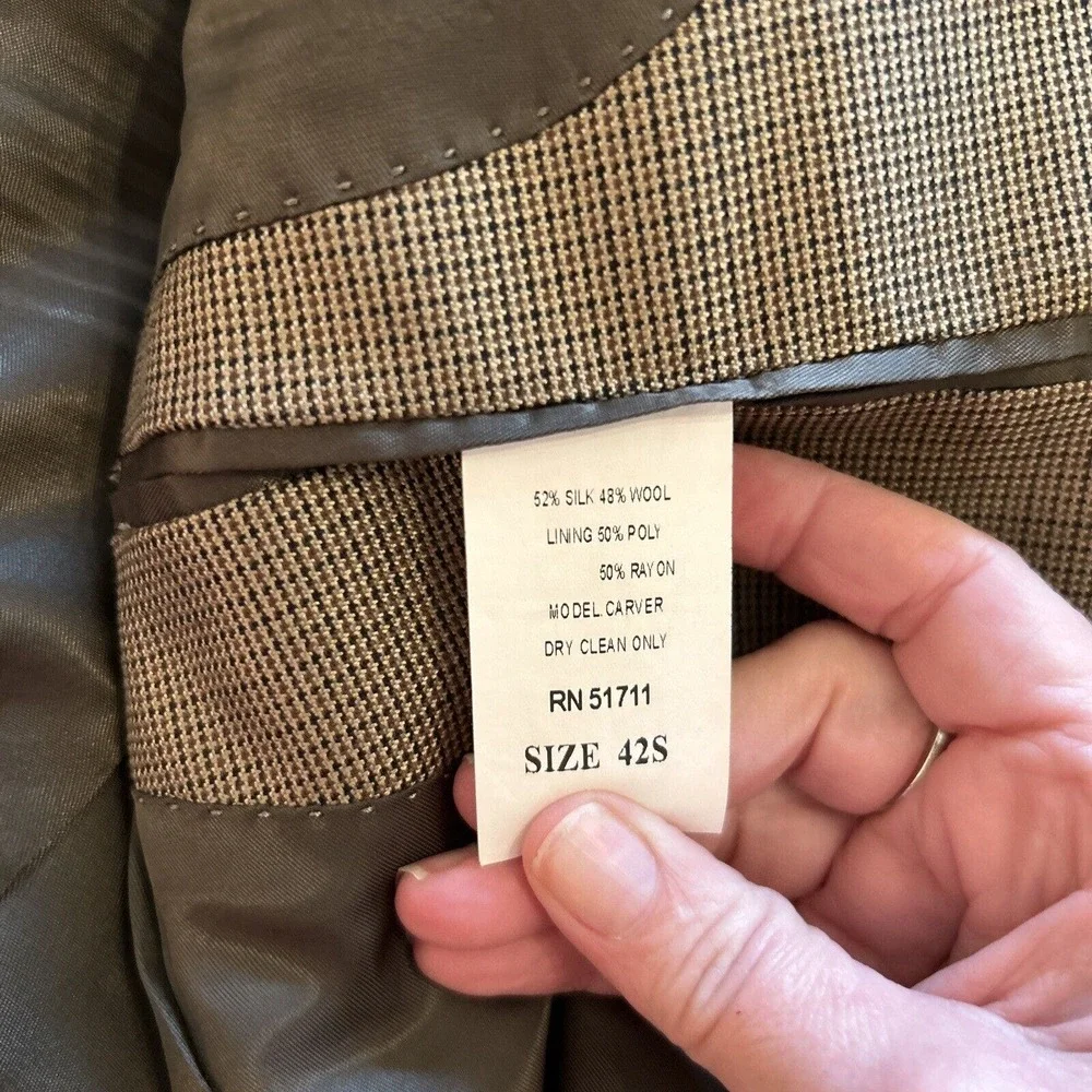 Andrew Fezza 42S Blazer Brown Micro Check Silk Wool Sport‎ Coat Designer Jacket